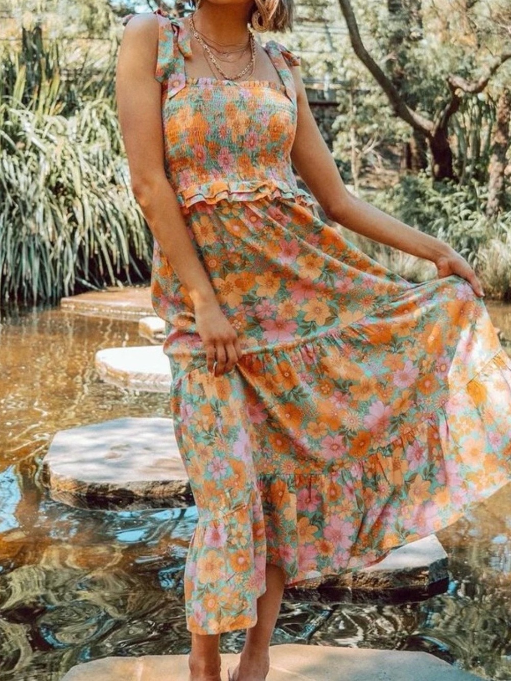 Paper Heart Midi Dress Size 10 Orange Retro Floral Boho Tiered Stretchy Summer